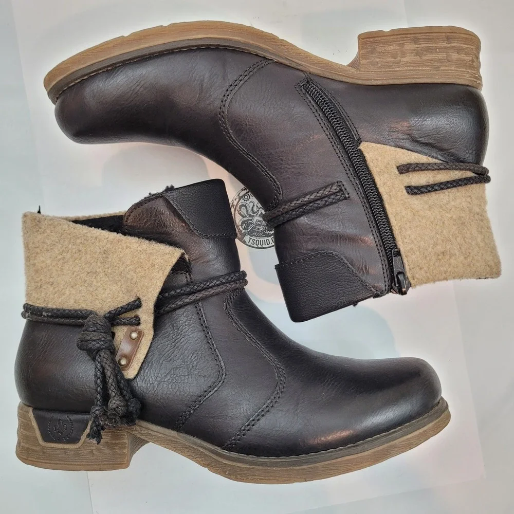 Rieker Ankle Boots Womens 9.5 Black Leather Wool Trim Side Zip 79693-00